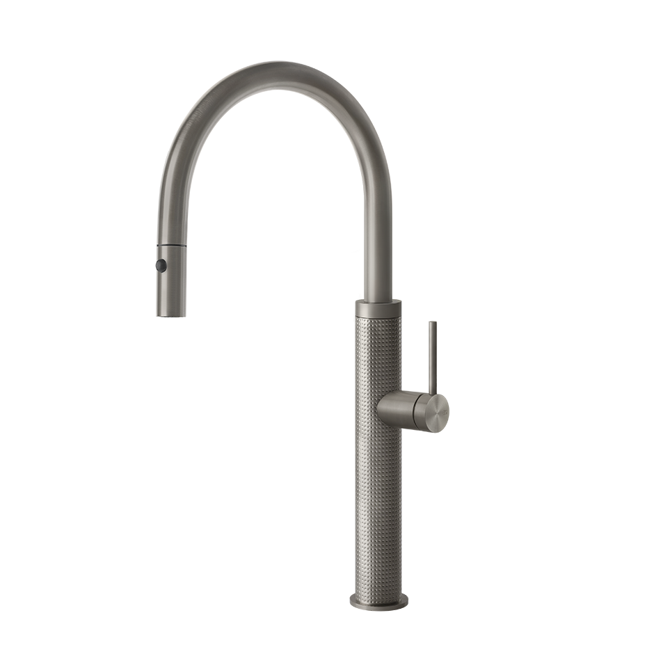 GESSI 316 Miscelatore monocomando con canna girevole e doccetta estraibile doppio getto, foro per miscelatore Ø33,5mm. Angolo di rotazione 360°, cartuccia Ø25 mm.  - STEEL BRUSHED