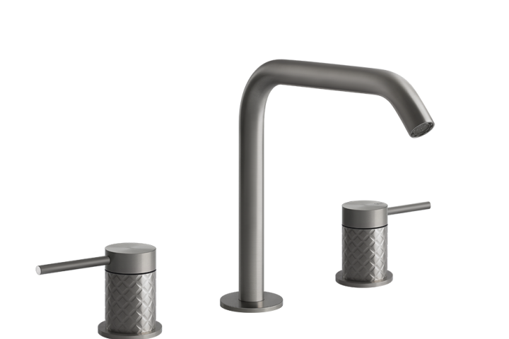 INTRECCIO Gruppo Lavabo 3 fori con bocca senza scarico con flessibili di collegamento - STEEL BRUSHED