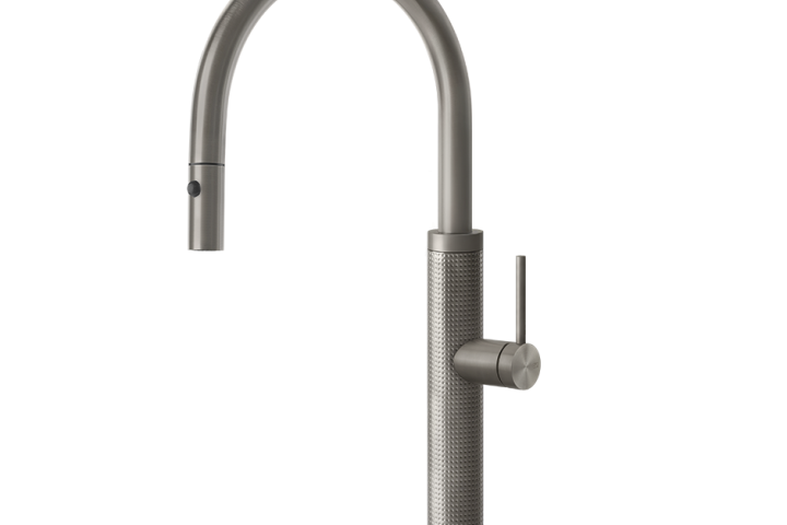 GESSI 316 Miscelatore monocomando con canna girevole e doccetta estraibile doppio getto, foro per miscelatore Ø33,5mm. Angolo di rotazione 360°, cartuccia Ø25 mm.  - STEEL BRUSHED